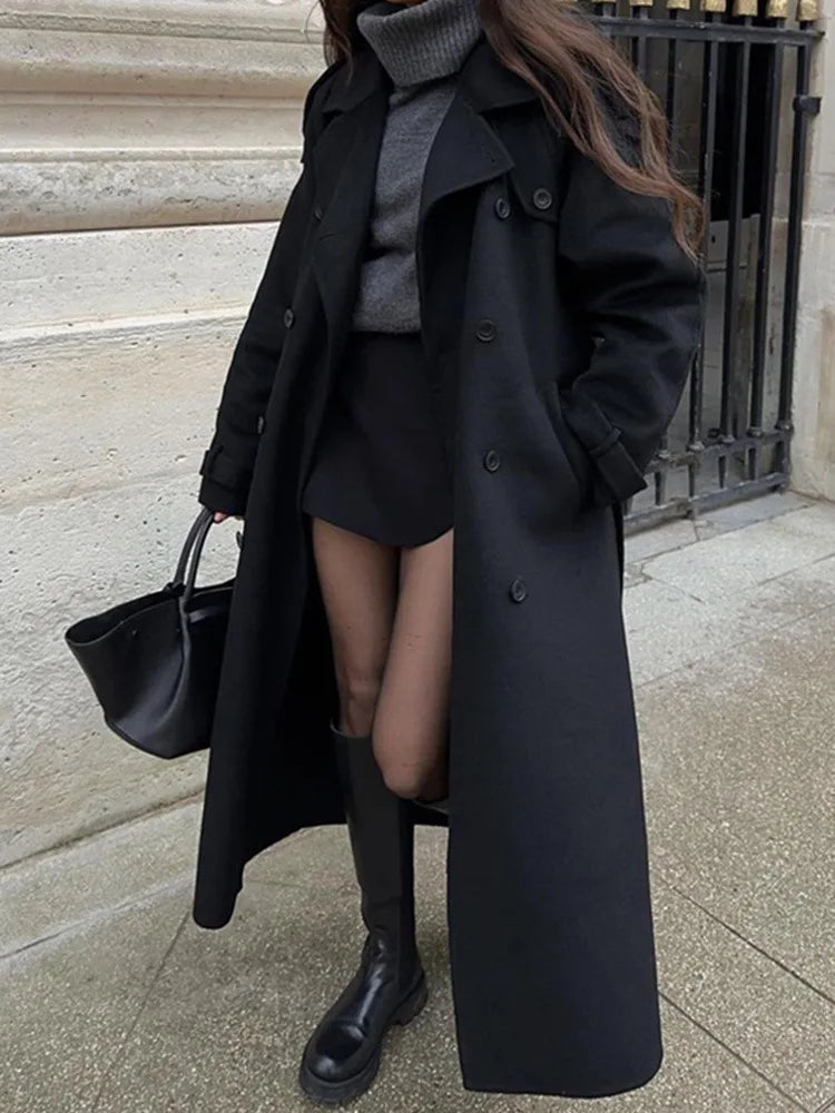 Elegant With Belt Black Long Coat For Women Oversize Woolen Double Button Lapel Overcoat Autumn New Lady High Street Outerwear