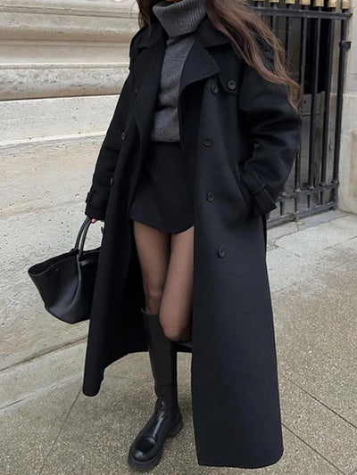 Elegant With Belt Black Long Coat For Women Oversize Woolen Double Button Lapel Overcoat Autumn New Lady High Street Outerwear